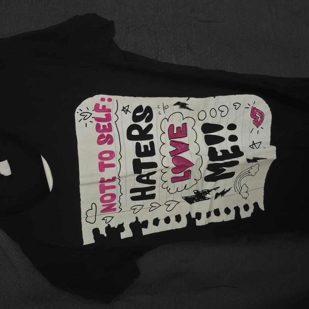 Black Graphic Tee with Pink and White Design
